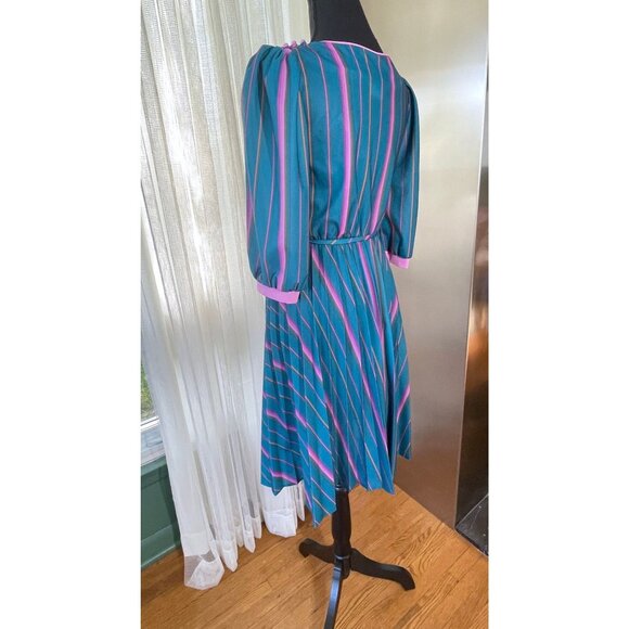 Vintage 80s dress, turquoise and pink stripes, long sleeves, pleated skirt - Picture 6 of 10